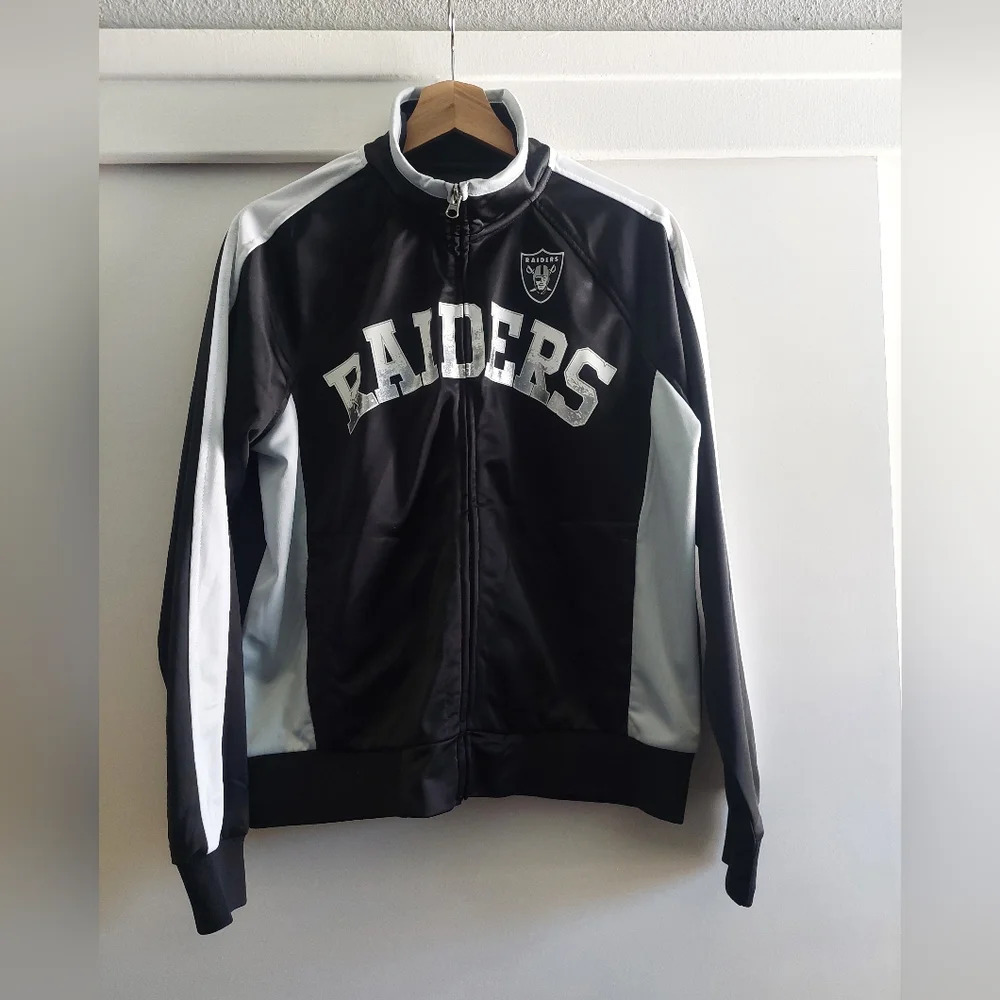 Nfl Raiders women's zip-up track jacket Metallic spellout Y2K Vintage
